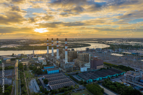 Thermal Power Plant and Natural Gas Combined Cycle Power Plant with sunset