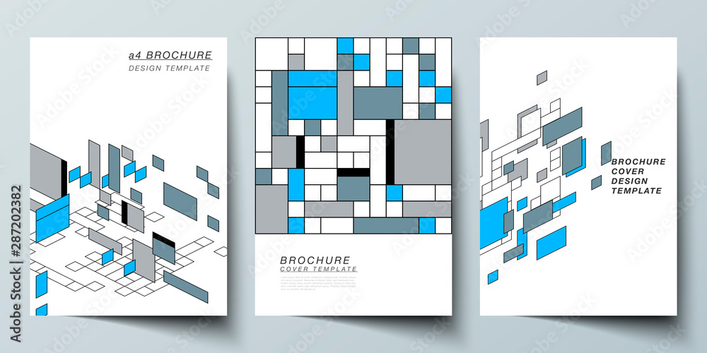 The vector layout of A4 format modern cover mockups design templates for brochure, flyer, booklet, annual report. Abstract polygonal background, colorful mosaic pattern, retro bauhaus de stijl design.