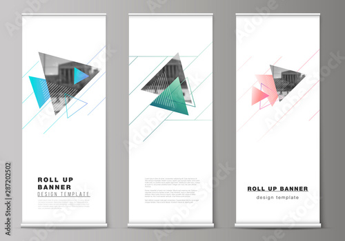 The vector illustration of the editable layout of roll up banner stands, vertical flyers, flags design business templates. Colorful polygonal background with triangles with modern memphis pattern.