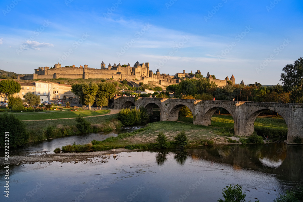 Carcassonne, France, on a summer evening, the Citadel known locally as La Cite, is the second most popular tourist destination in France. Designated UNESCO world heritage site.