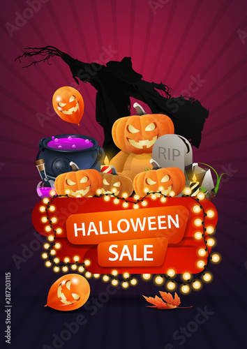 Photography Halloween sale, discount banner with a yellow garland wound around a banner, Scarecrow, Teddy bear with Jack pumpkin head, witch's cauldron and pumpkin Jack