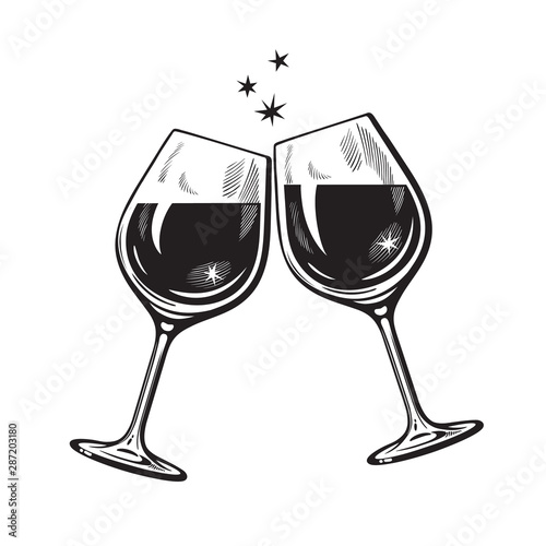 Two sparkling glasses of wine or champagne in vintage engraving style. Cheers icon. Retro vector illustration on white background.