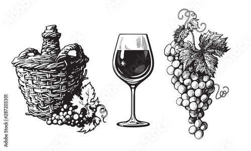 Old demijohn, glass of wine, bunch of grapes in vintage engraving style. Set of wine related hand drawn elements. Vector illustration on white background