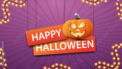 Happy Halloween, horizontal purple greeting postcard with fun pumplin Jack photo