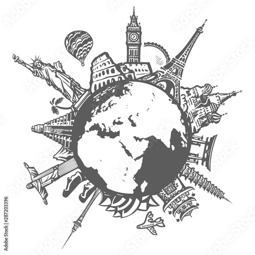Famous world landmarks located around the globe isolated on white background. Design for travel and tourism. Hand drawn vector illustration in sketch style.