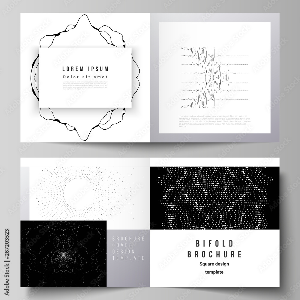 The vector layout of two covers templates for square design bifold brochure, magazine, flyer, booklet. Trendy modern science or technology background with dynamic particles. Cyberspace grid.