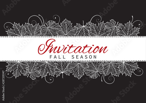 Fall Invitation Card Design with Leaves on black background. Vector Template  background  with many hand drawn maple leaves at retro style photo