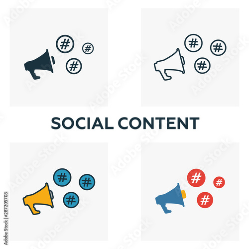 Social Content icon set. Four elements in diferent styles from content icons collection. Creative social content icons filled, outline, colored and flat symbols