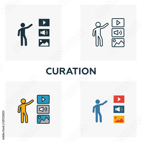 Curation icon set. Four elements in diferent styles from content icons collection. Creative curation icons filled, outline, colored and flat symbols