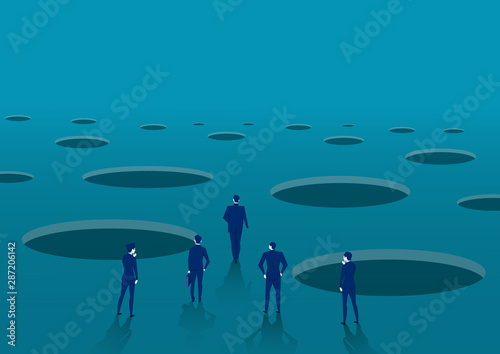  businessman walking to goal with pit hole.signs warn of danger concept vector.