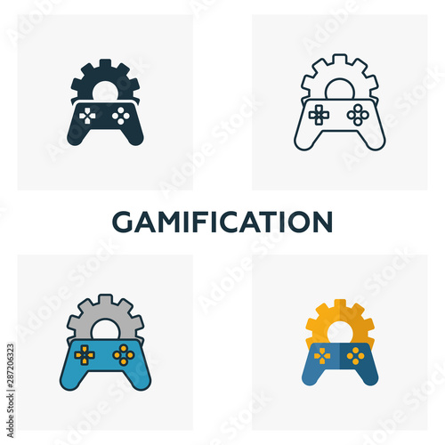 Gamification icon set. Four elements in diferent styles from content icons collection. Creative gamification icons filled, outline, colored and flat symbols