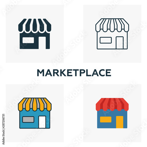 Marketplace icon set. Four elements in diferent styles from crowdfunding icons collection. Creative marketplace icons filled, outline, colored and flat symbols
