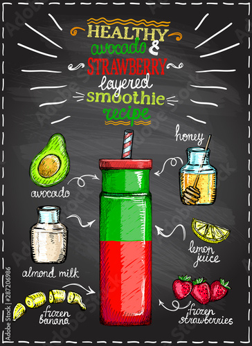 Healthy avocado strawberry layered smoothie recipe on a chalkboard with ingredients, fruits and berries cocktail sketch