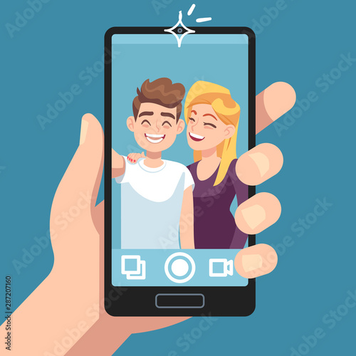 Couple selfie. Young friends make romantic selfie portrait with smartphone, man with woman take photo on camera vector concept