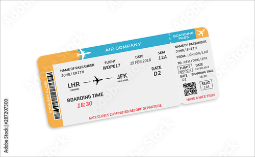  Modern and realistic airline ticket design with flight time and passenger name. vector illustration