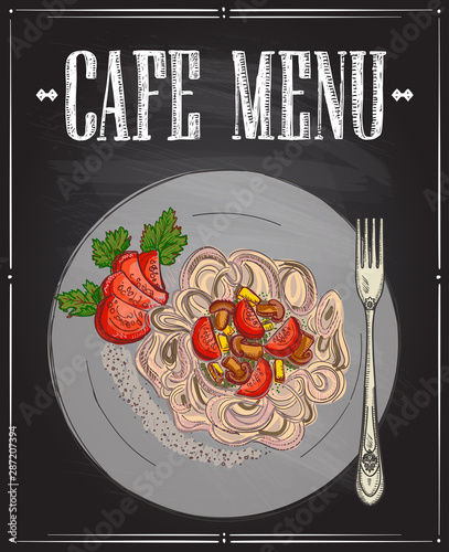Cafe menu with vegetarian buckwheat pasta, gluten free diet dish, hand drawn graphic sketch