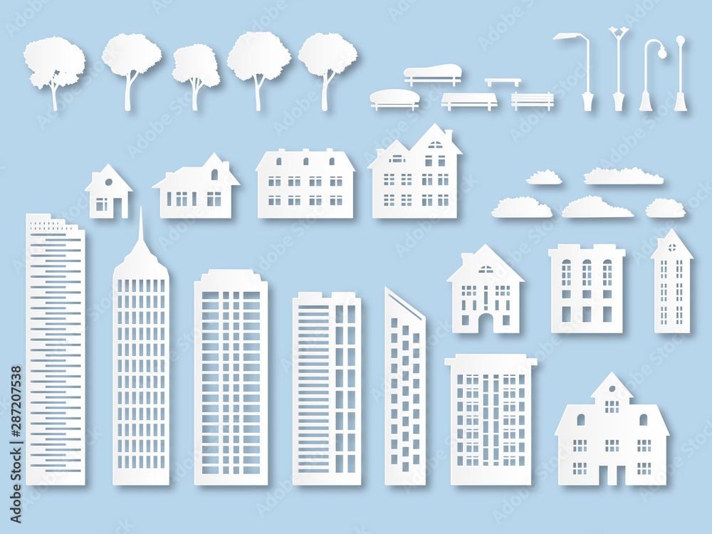 Paper buildings. Origami city houses with windows. Cardboard skyscrapers with lanterns, trees and benches. White paper cut vector set