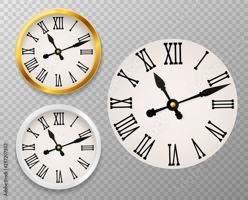 Retro clock face. Tower wall clocks with roman numerals and antique classic hands in golden and white round watch case vector set