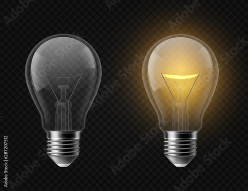 Realistic light bulb. Turned off and glowing isolated lamps. Creative idea and innovation lightbulb vector 3d business concept