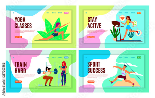 Sports landing page. Athletes make fitness workout, yoga classes and active, healthy lifestyle vector web design