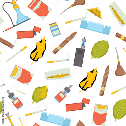 Cartoon Color Smoking Tobacco Products Seamless Pattern Background. Vector