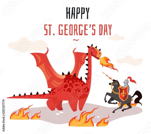 Georges day. Cartoon tradition happy saint george s green card with dragon and medieval tale legend knight vector illustration photo