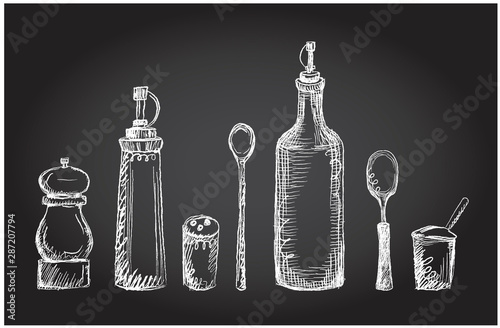 Set of kitchen utensils on a chalkboard, graphic symbols, rough line, hand drawn