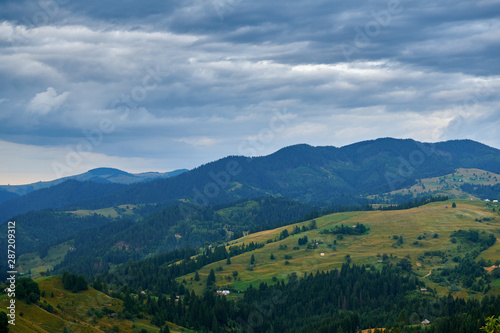 Beautiful summer sunset and landscape - spruces on hills in the evening. Meadow or grassland. Carpathian mountains. Ukraine. Europe. Travel background.