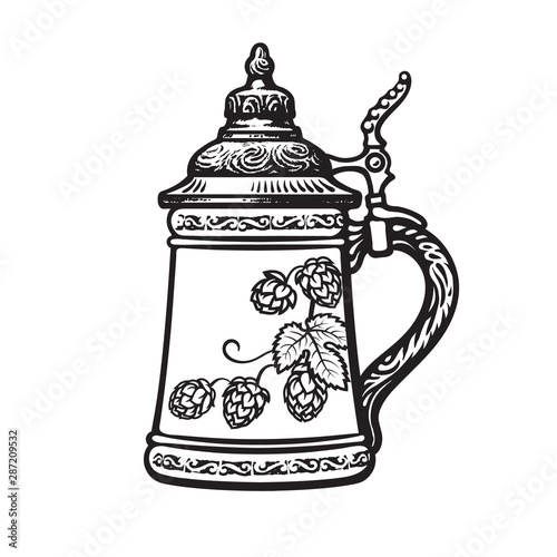 German stein beer mug. Black and white. Hand drawn vector illustration on white backgraund. Brewery, beer festival, bar, pub design.