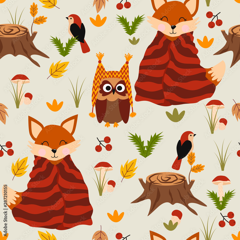 seamless pattern with fox and owl in the autumn forest - vector illustration, eps seamless pattern with fox and owl in the autumn forest - vector illustration, eps