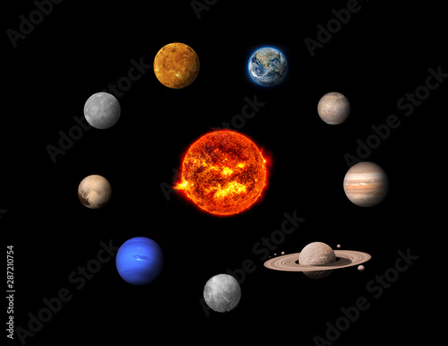 Fototapeta Naklejka Na Ścianę i Meble -  The solar system consists of the Sun, Mercury, Venus, Earth, Mars, Jupiter, Saturn, Uranut, Neptune, Pluto.Elements of this image furnished by NASA