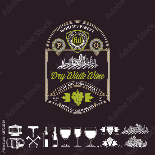 Vector vintage thin line style red wine label