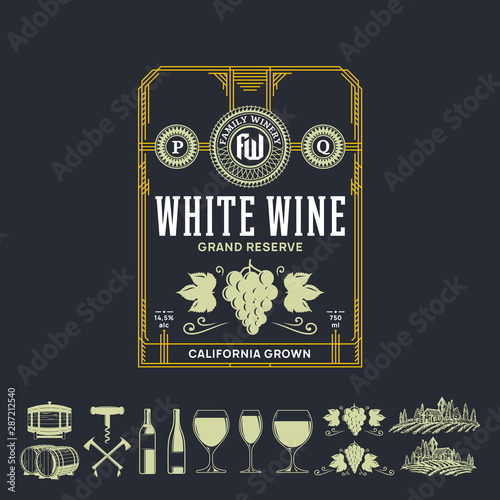 Vector vintage thin line style red wine label