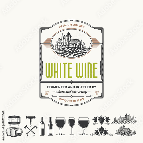 Vector vintage thin line style red wine label