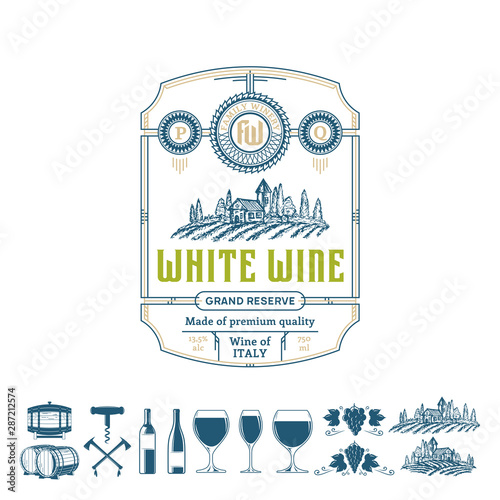 Vector vintage thin line style red wine label