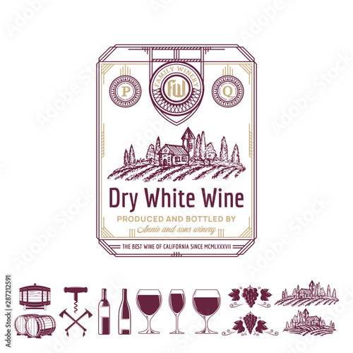 Vector vintage thin line style red wine label