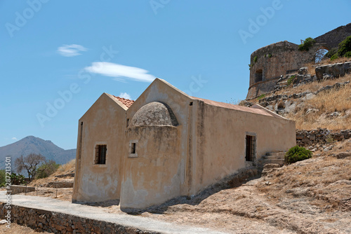 Spinalonga island, Crete, Greece. June 2019. The Church of St George,circa 1661, on the former Leper Colony, Spinalonga situated in the Gulf of Mirabello.
