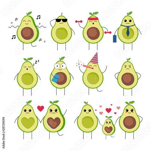Funny avocado characters with different emotions set vector illustration. Cute fruits heroes having fun, doing sport, sleeping, falling in love and starting family with children. Isolated on white