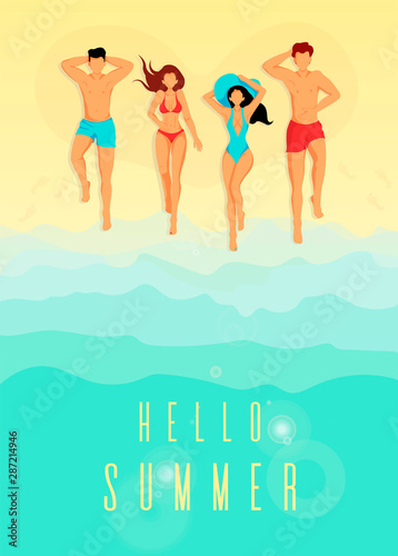Poster design with "Hello Summer" quote. Young people sunbathing on the beach. Great for postcard, poster, banner, cover, flyer, brochure.