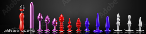 Large set of vibrators and sex toys for adults, 3d render, 3d illustration