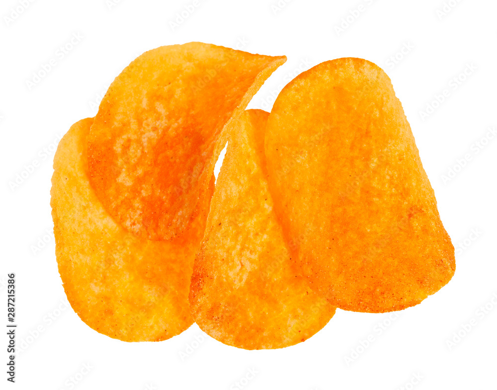 few potato chips with paprika isolated on white few potato chips with paprika isolated on white