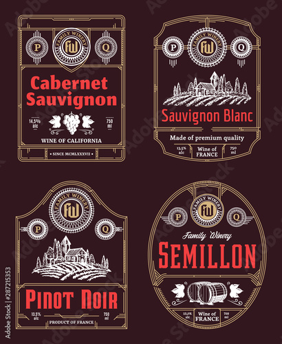 Vector vintage thin line style red and white wine labels