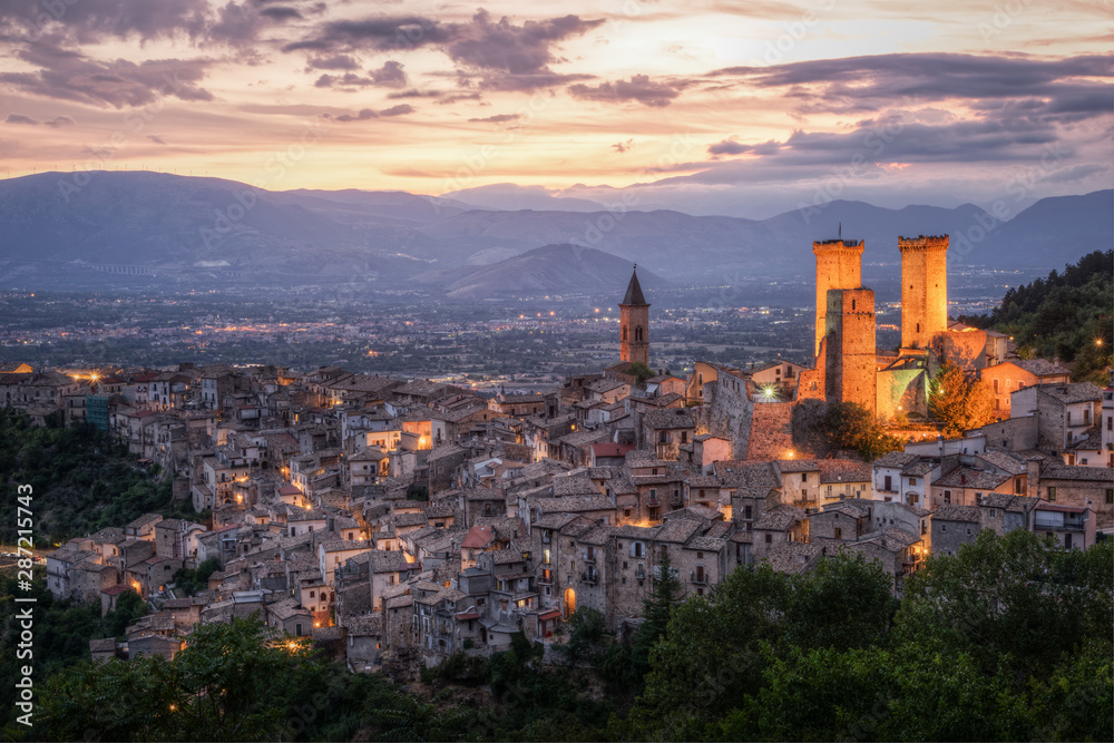 Medieval village of Pacentro in Abruzzo. Italy. Panoramic view at dusk with striking illumination