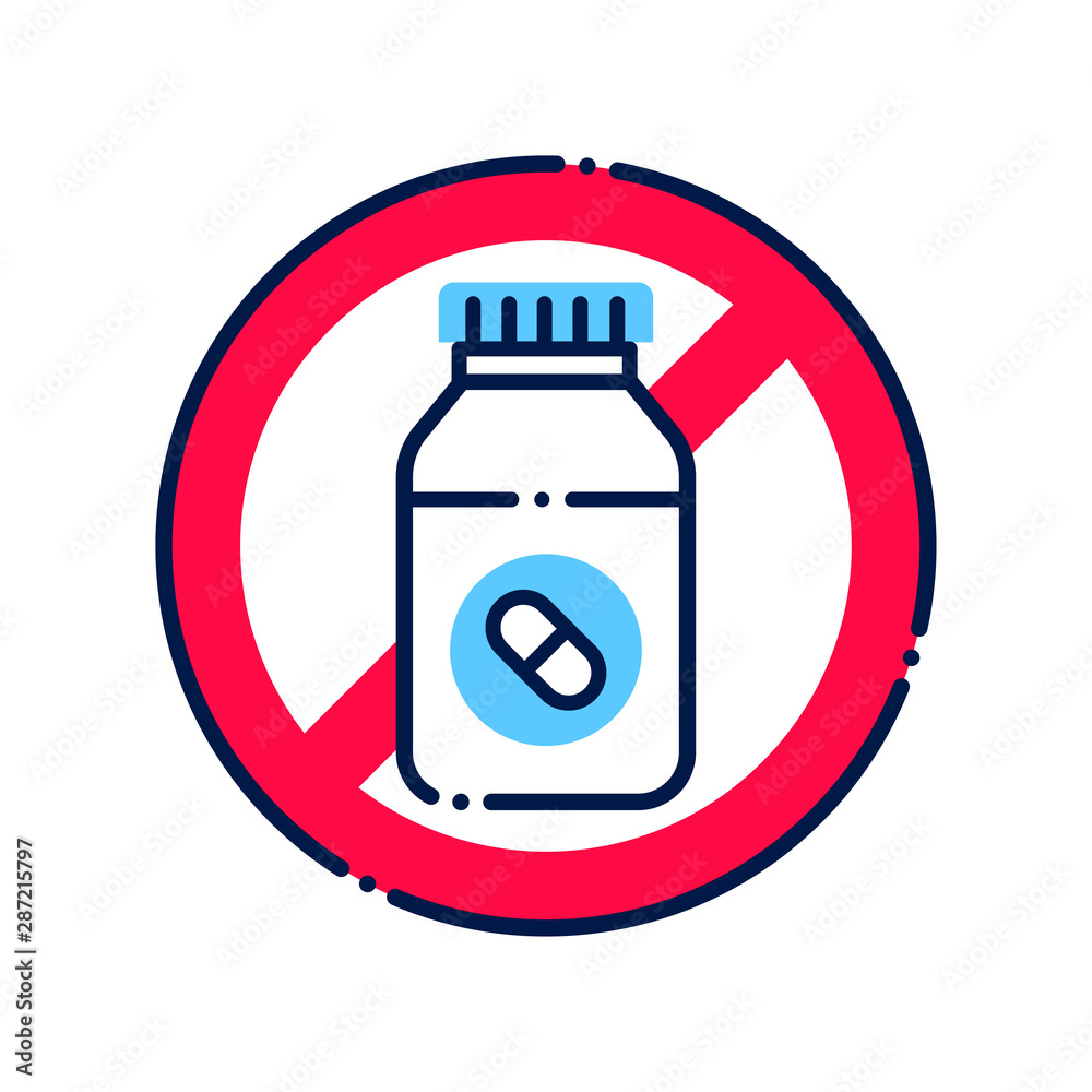 Pill bottle allergy line color icon. Allergic reaction to drug. Medication intolerance. Hypersensitivity to the individual components of the product. Pill bottle allergy line color icon. Allergic reaction to drug. Medication intolerance. Hypersensitivity to the individual components of the product.