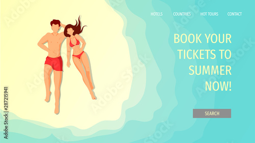Web page design template for Tourist agency, Summer holidays, Vacation. Man and woman sunbathing on the beach in swimsuits. Vector illustration can be used in poster, banner and website development. © TatyanaYagudina