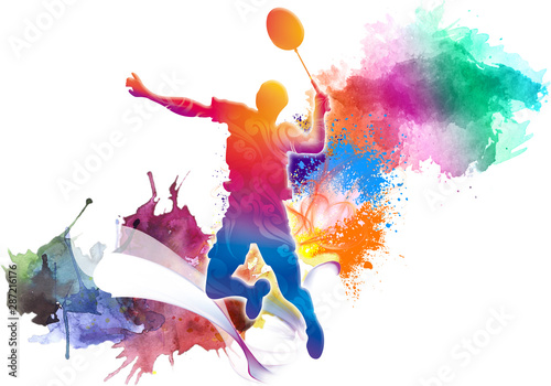 Fototapeta Naklejka Na Ścianę i Meble -  Abstract digital drawing of a tennis player with a racket from splash of watercolors.