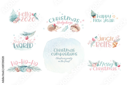 Watercolor set christmas holly jolly illustration. Christmas bell and merry chistmas quote  template for the design of poster  cards  invitation. New year illustration card. Isolated white background.