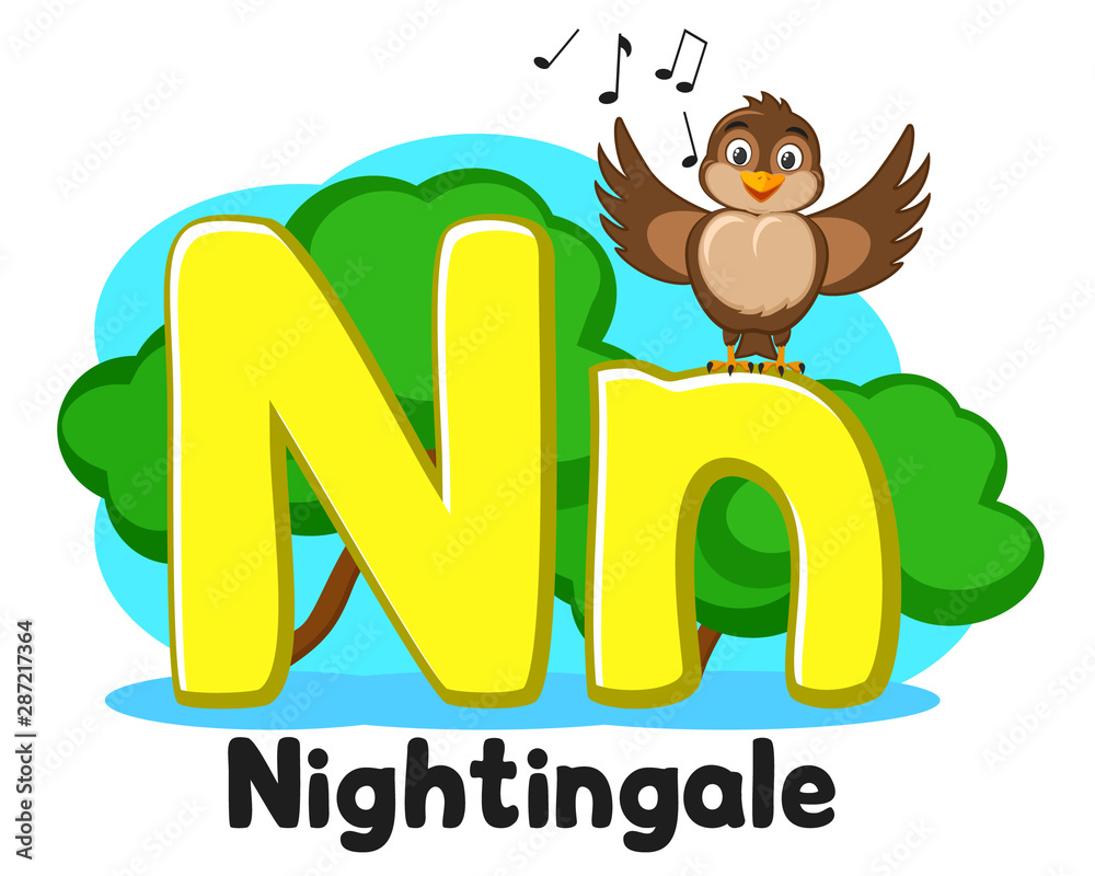 Naklejka premium Alphabet Nightingale sings the song letters Nn on a white. Preschool education.