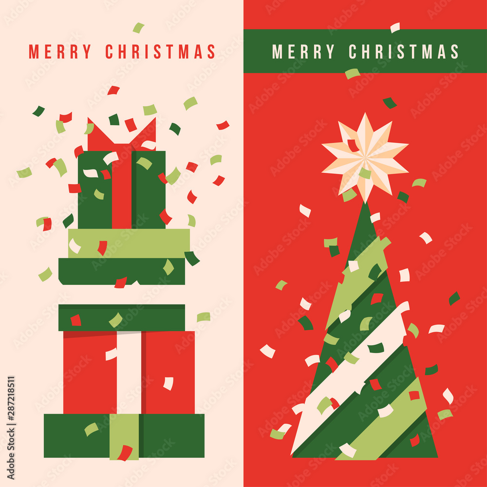 Two vertical banners with Christmas tree, holiday gifts and colorful confetti in the air