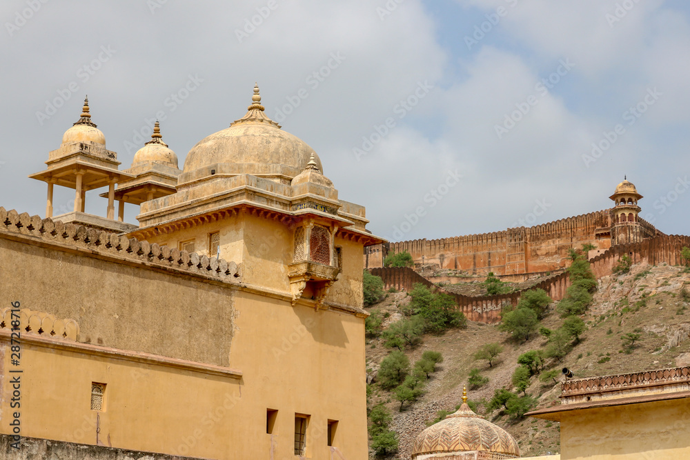 Closeup of the facade and dome of the Amber Fort, Jaipur, Rajasthan, India